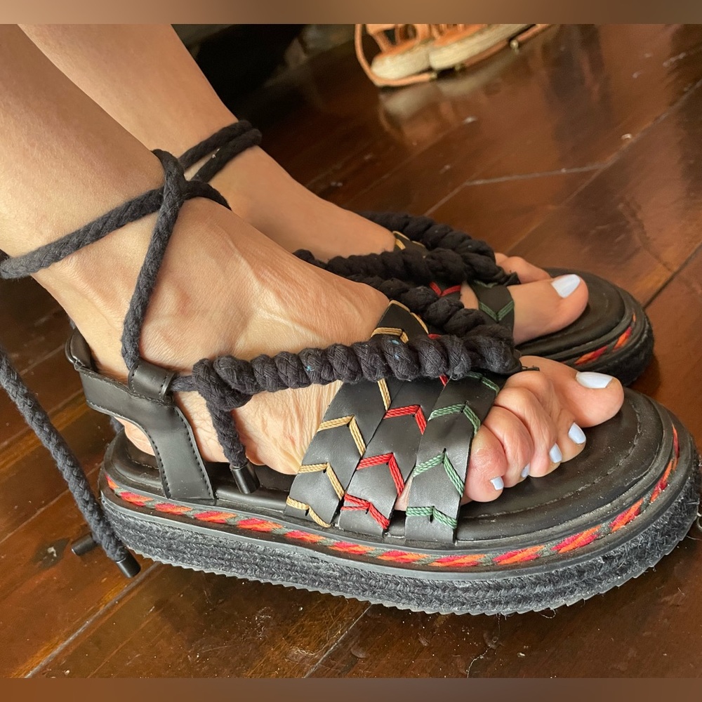 Farm Rio Black Rope Tie Flatform Sandal - Picture 8 of 13